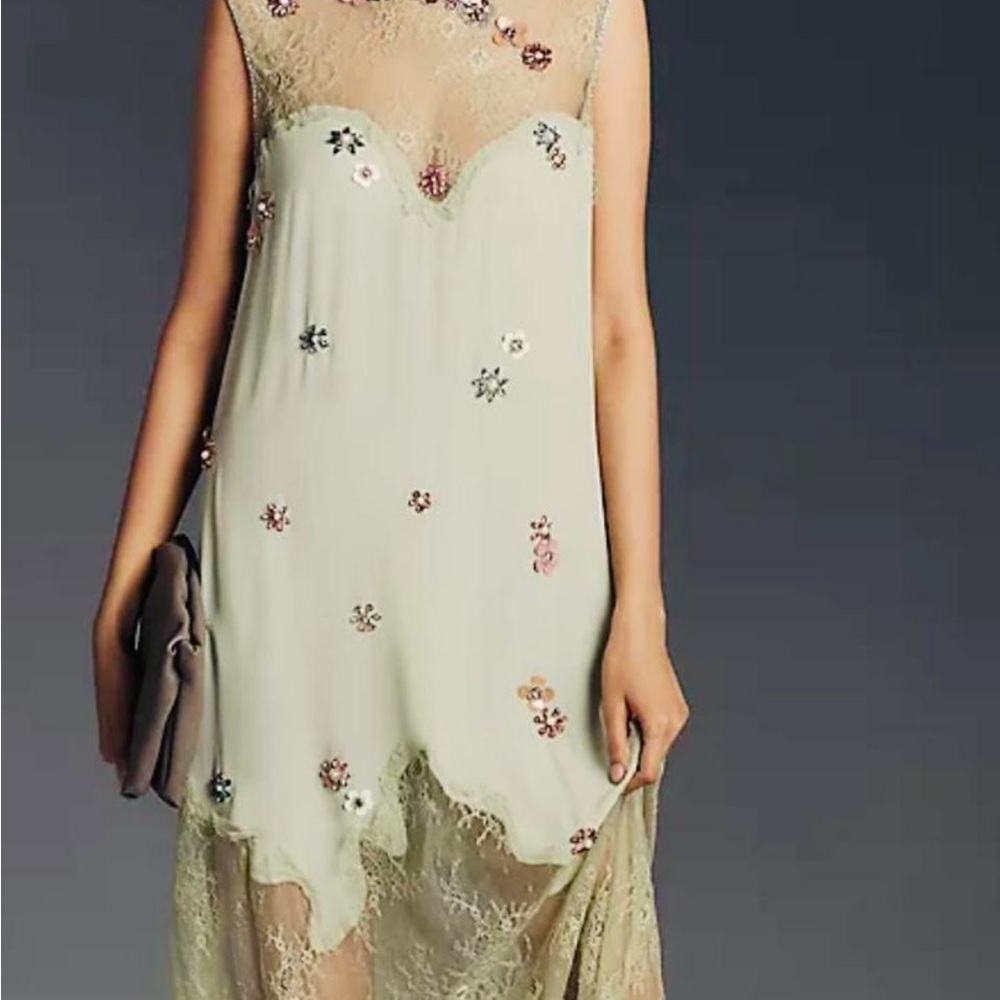 Anthropologie Pale Green Embellished Lace Maxi Dress